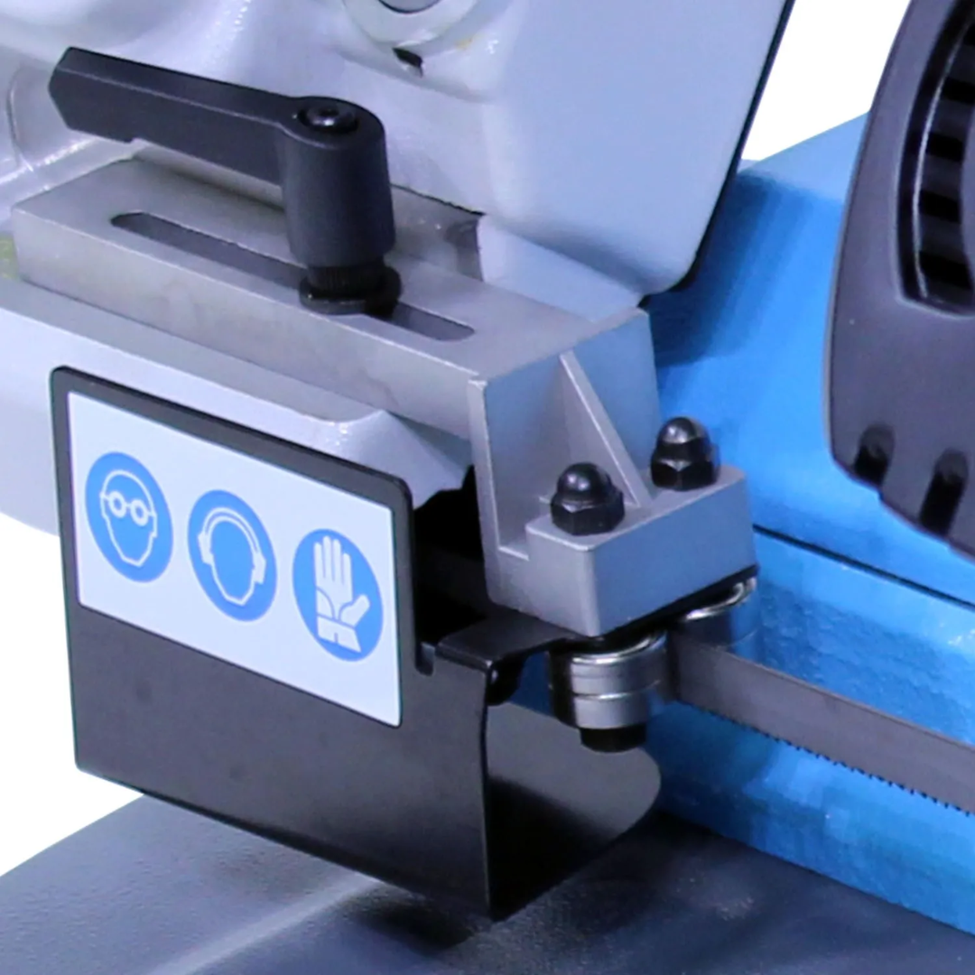 Detailed image of Baileigh Portable Variable-Speed Metal-Cutting Bandsaw (BS-127P) 1018561 blade guide assembly designed to improve cutting stability and blade life.