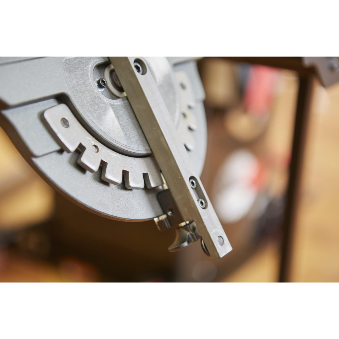 Detailed image of the SawStop Sliding Crosscut Table TSA-SA48 calibration indicator, designed for accurate setup and consistent cutting results.