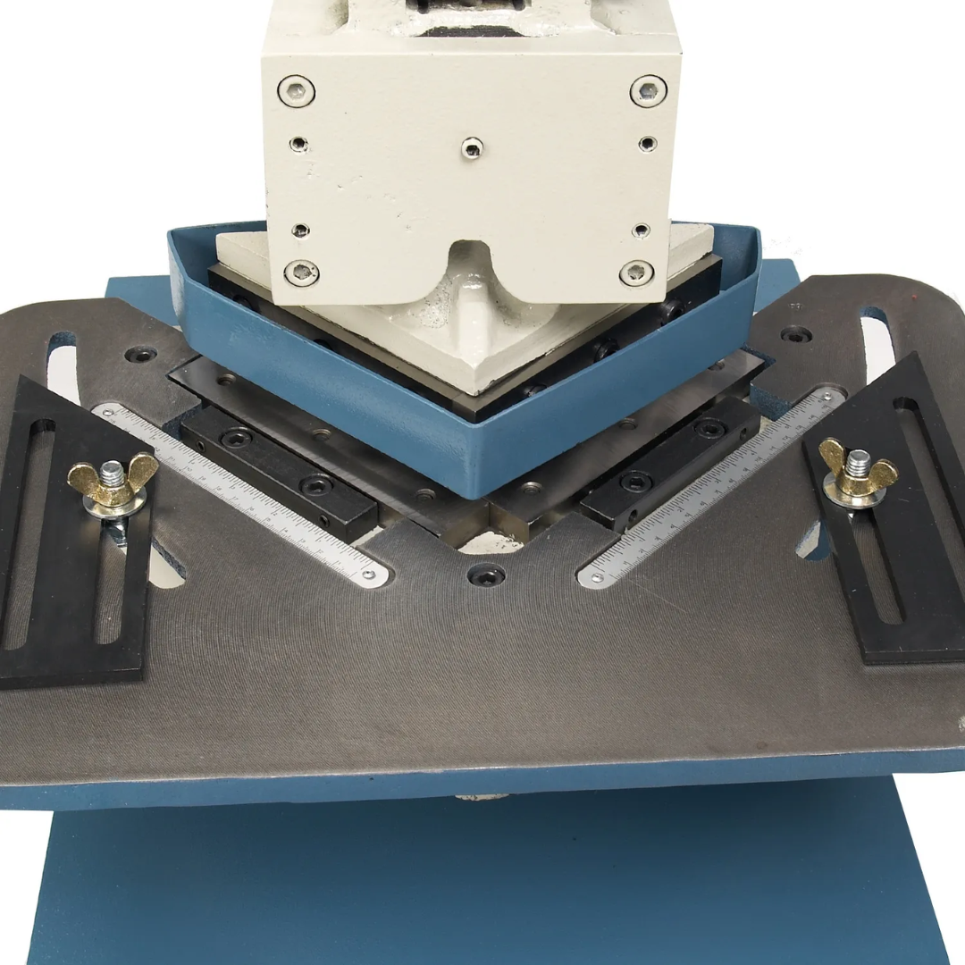 Detailed image of the notching table and guide system on the Baileigh Manual Corner Notcher - (SN-F16-HN) 1007260 designed for accurate material positioning and repeatable cuts.
