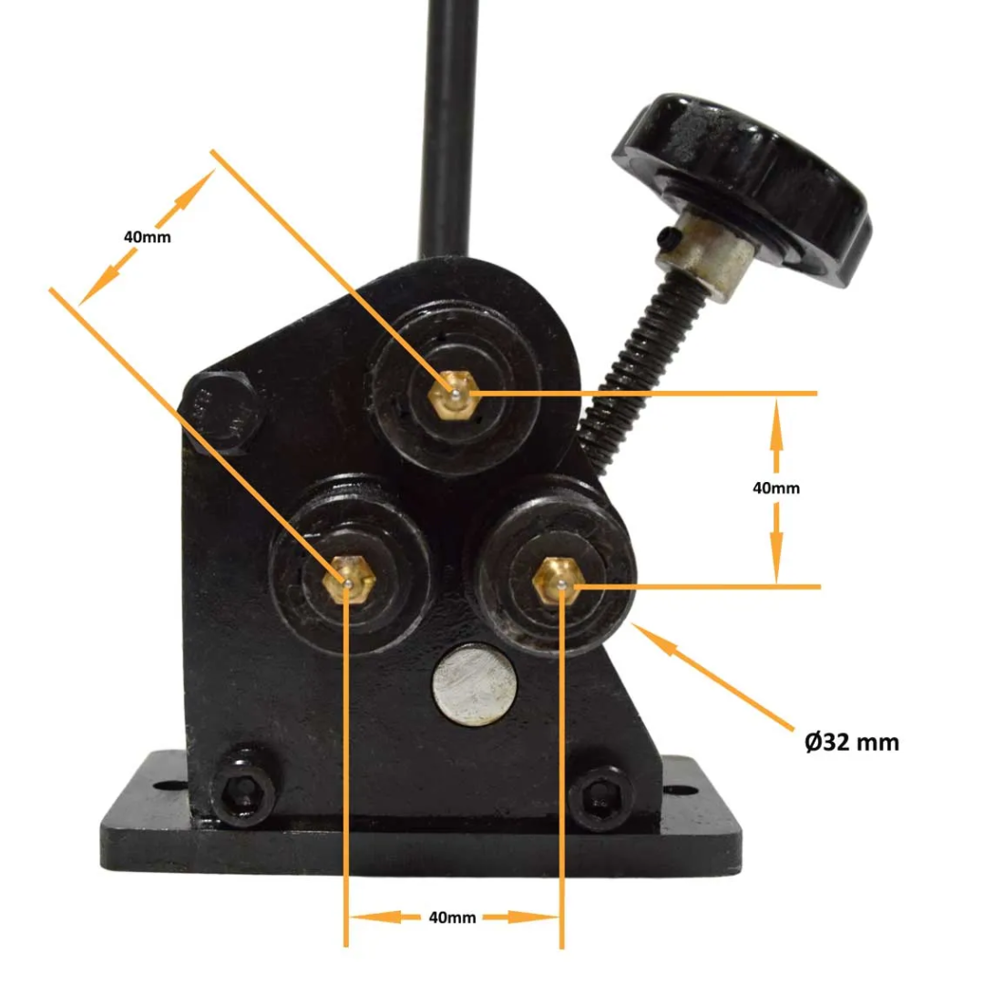 Detailed side view of the Baileigh Manual Roll Bender (R-M3) 1006851 highlighting roller positioning controls and bending geometry configuration.