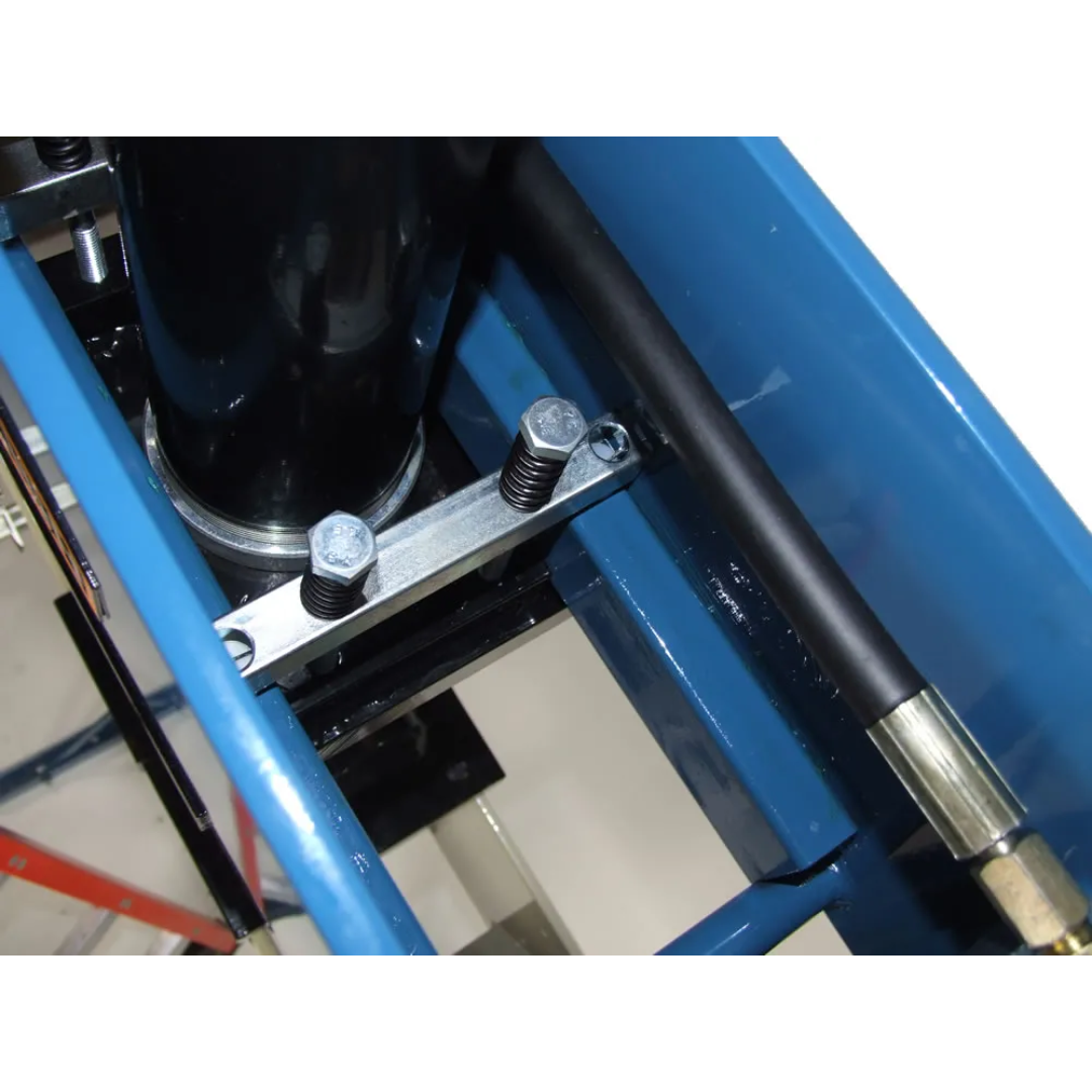 Detailed view of Baileigh 30-Ton Pneumatic H-Frame Shop Press (HSP-30A) 1004816 pneumatic and hydraulic system components designed for efficient operation and controlled pressing force.