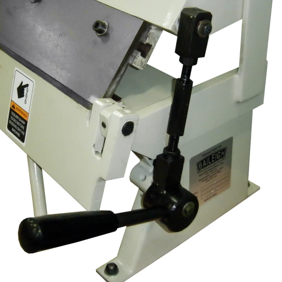 Detailed view of Baileigh Bending Box & Pan Brake BB-2416E 1000383 clamping and adjustment mechanism engineered for precise setup and repeatable bending performance.