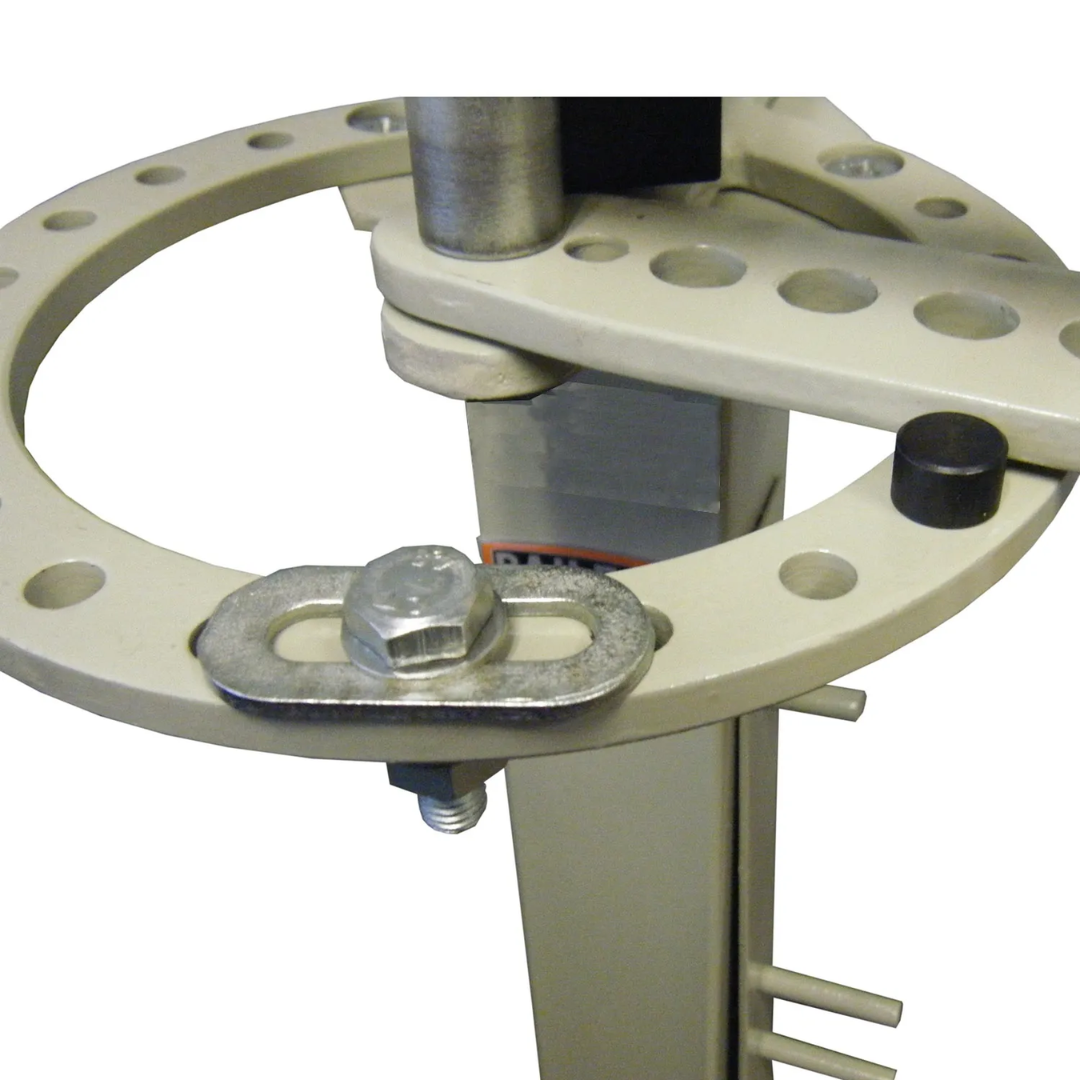 Detailed view of Baileigh Compact Flat Bar Bender - (MCB-650) 1005424 rotary bending table with adjustable tooling for consistent and repeatable flat bar forming results.