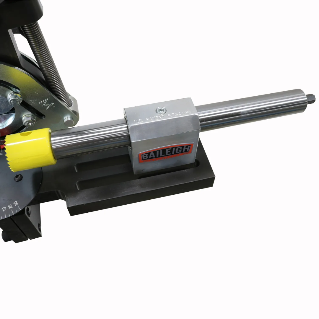 Detailed view of Baileigh Radial Jaw Tube and Pipe Notcher, 2.5" OD Capacity (TN-250) BA9-METN250 notching spindle and hole saw mounting system designed for accurate tube coping operations.