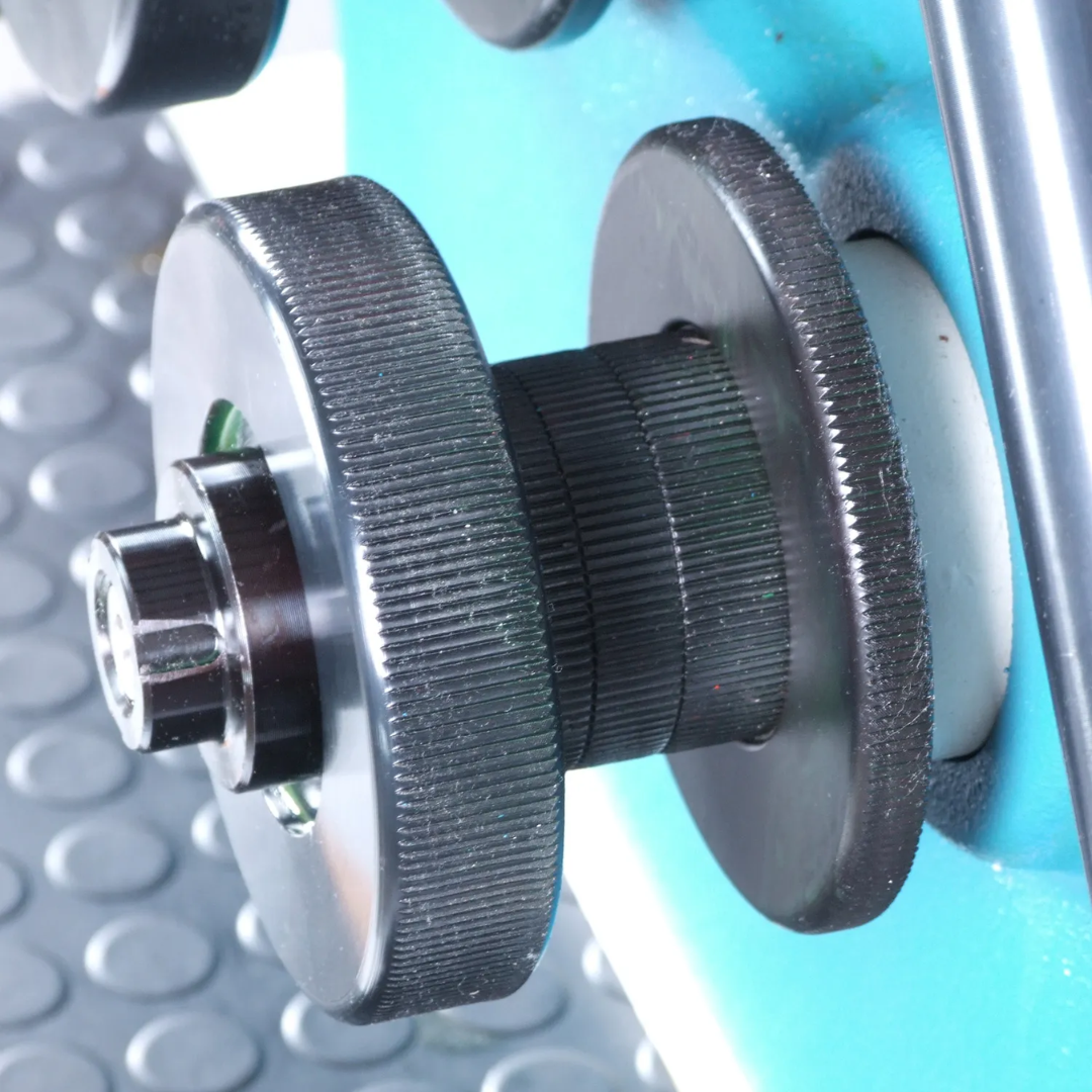 Detailed view of Baileigh Ring Roll Machine - (R-M40) 1006852 forming roller set designed for bending round tube, pipe, angle iron, and structural profiles.