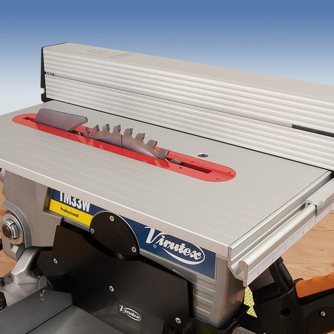 Detailed view of Virutex TM33W Miter Table Saw Combo For Precision Cuts (120V) showing adjustable cutting angles and locking mechanisms