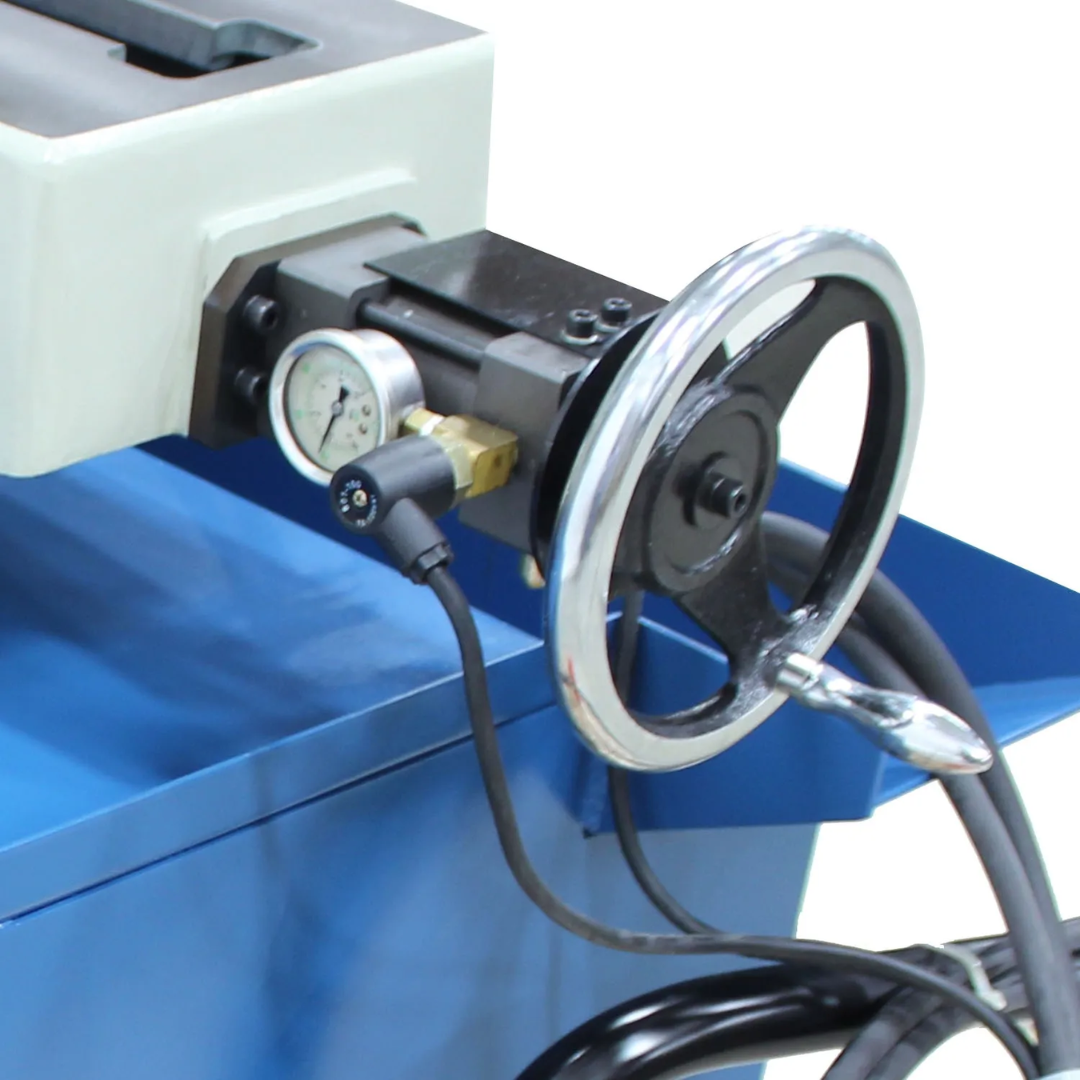 Detailed view of the Baileigh 13-Inch Semi-Automatic Horizontal Bandsaw (BS-330SA) 1001521 handwheel adjustment system for precise vise positioning and workpiece setup.