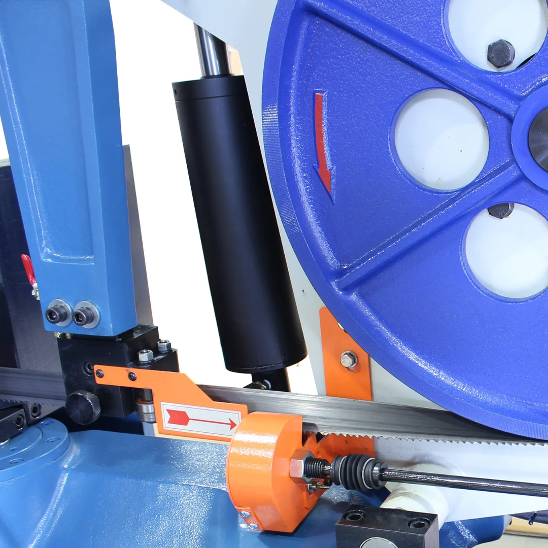 Detailed view of the Baileigh 18-Inch Semi-Auto Dual-Miter Horizontal Bandsaw (BS-24SA-DM) 1001389 hydraulic clamping and blade guide assembly engineered for accurate, repeatable metal cutting.