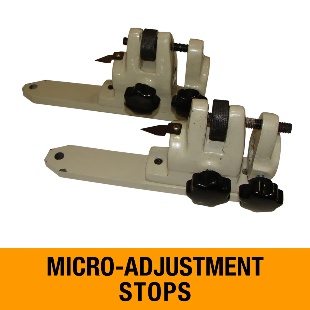 Detailed view of the Baileigh 52-Inch Foot Stomp Shear, 16-Gauge Mild Steel (SF-5216E) 1007020 micro-adjustment stops engineered for precise material alignment and consistent cutting results.