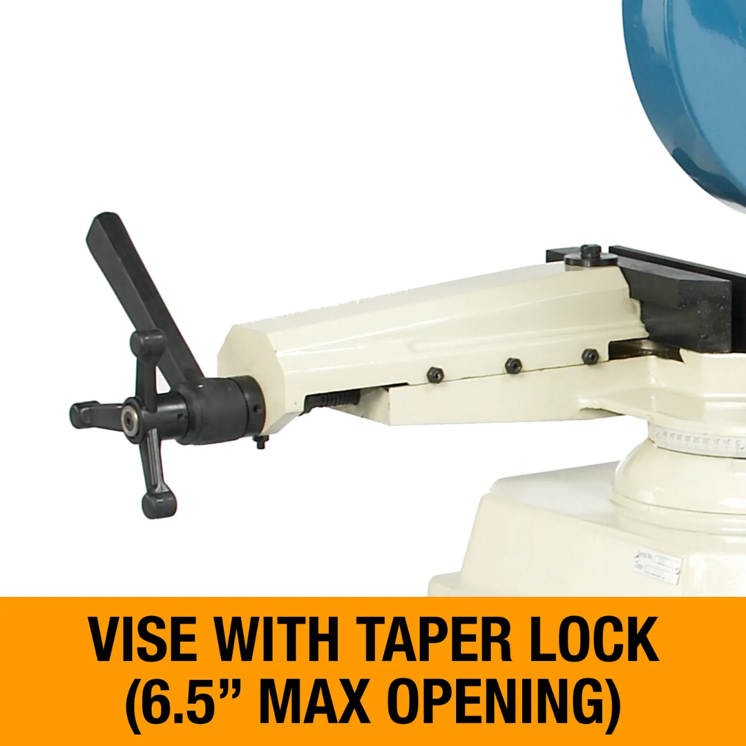 Detailed view of the Baileigh Abrasive Chop Saw AS-350M 1000267 vise with taper lock mechanism and 6.5-inch maximum opening for secure material clamping during cutting operations.