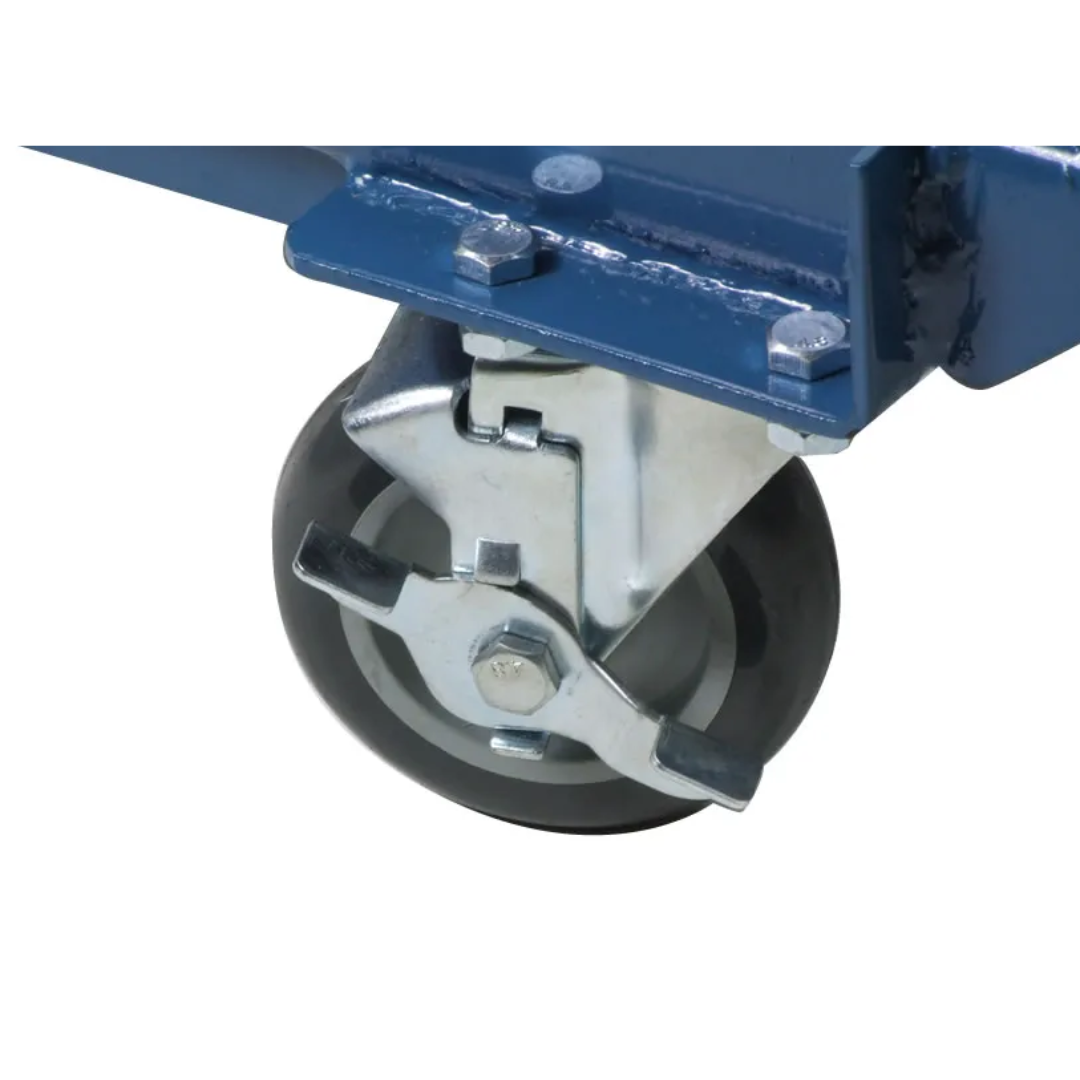 Detailed view of the Baileigh B-Cart Hydraulic Lift Cart 1000578 heavy-duty caster wheel assembly designed for mobility, maneuverability, and reliable shop-floor performance.