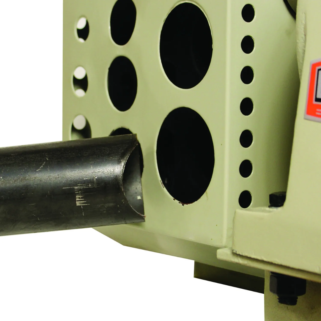 Detailed view of the Baileigh Electric Pipe Notcher TN-200E 1008007 illustrating the heavy-duty notching head and workpiece support for clean, consistent pipe coping.
