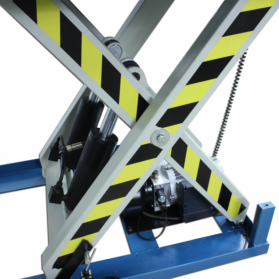 Detailed view of the Baileigh Hydraulic Lift Table HLT-4400 1013589 reinforced steel scissor arms providing stable and secure vertical lifting motion.