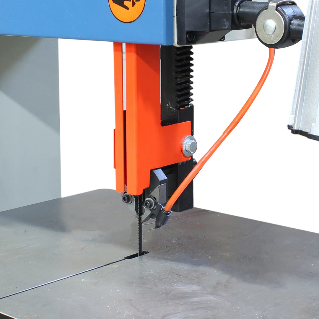 Detailed view of the blade guide and cutting area on the Baileigh Vertical Bandsaw BSV-14VS-V2 1230388 highlighting the precision guide assembly and vertical blade configuration for controlled metal cutting operations.
