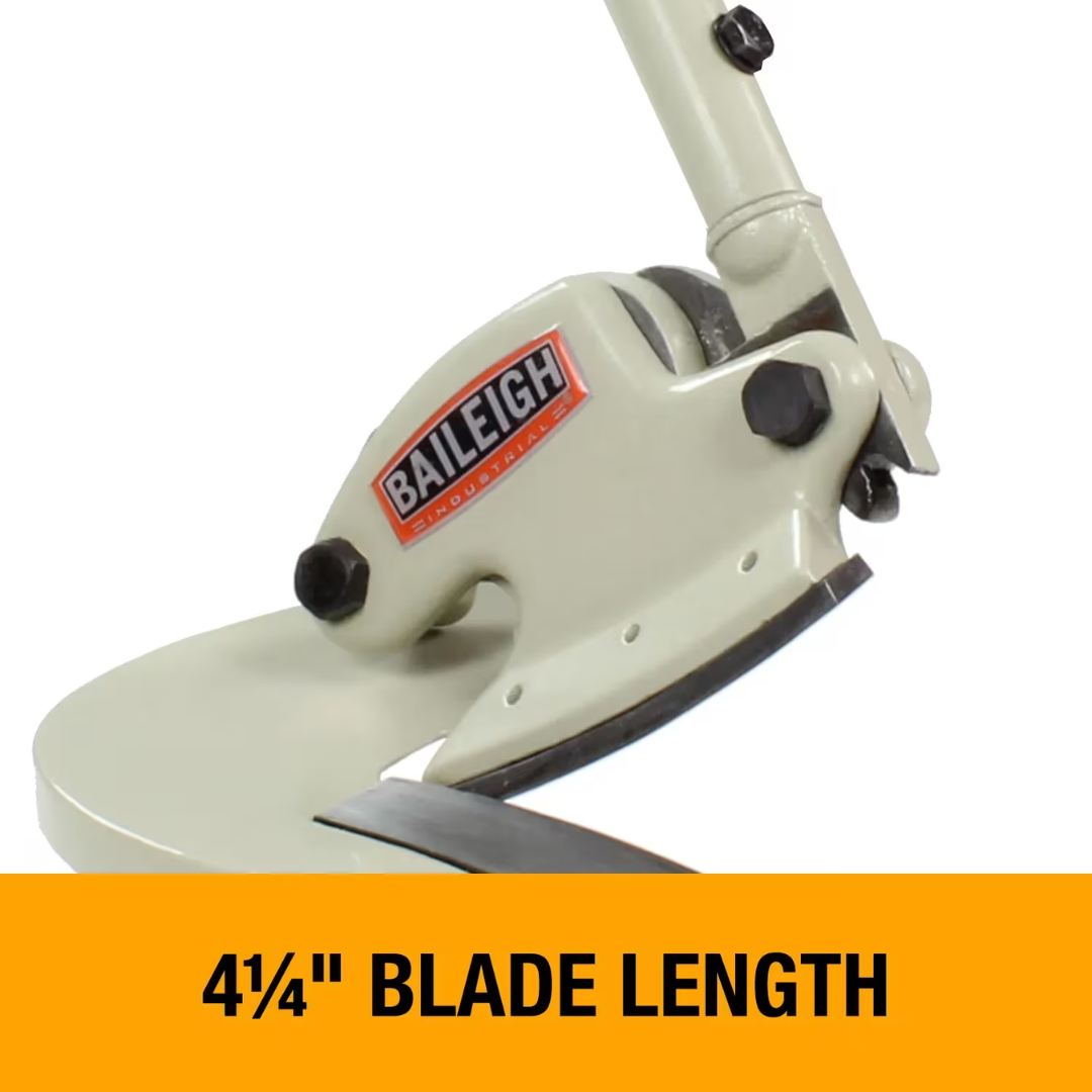 Detailed view of the cutting head on the Baileigh Throatless Shear - (MPS-1) 1005677 highlighting the 4⅛-inch blade length for smooth and accurate metal shearing.