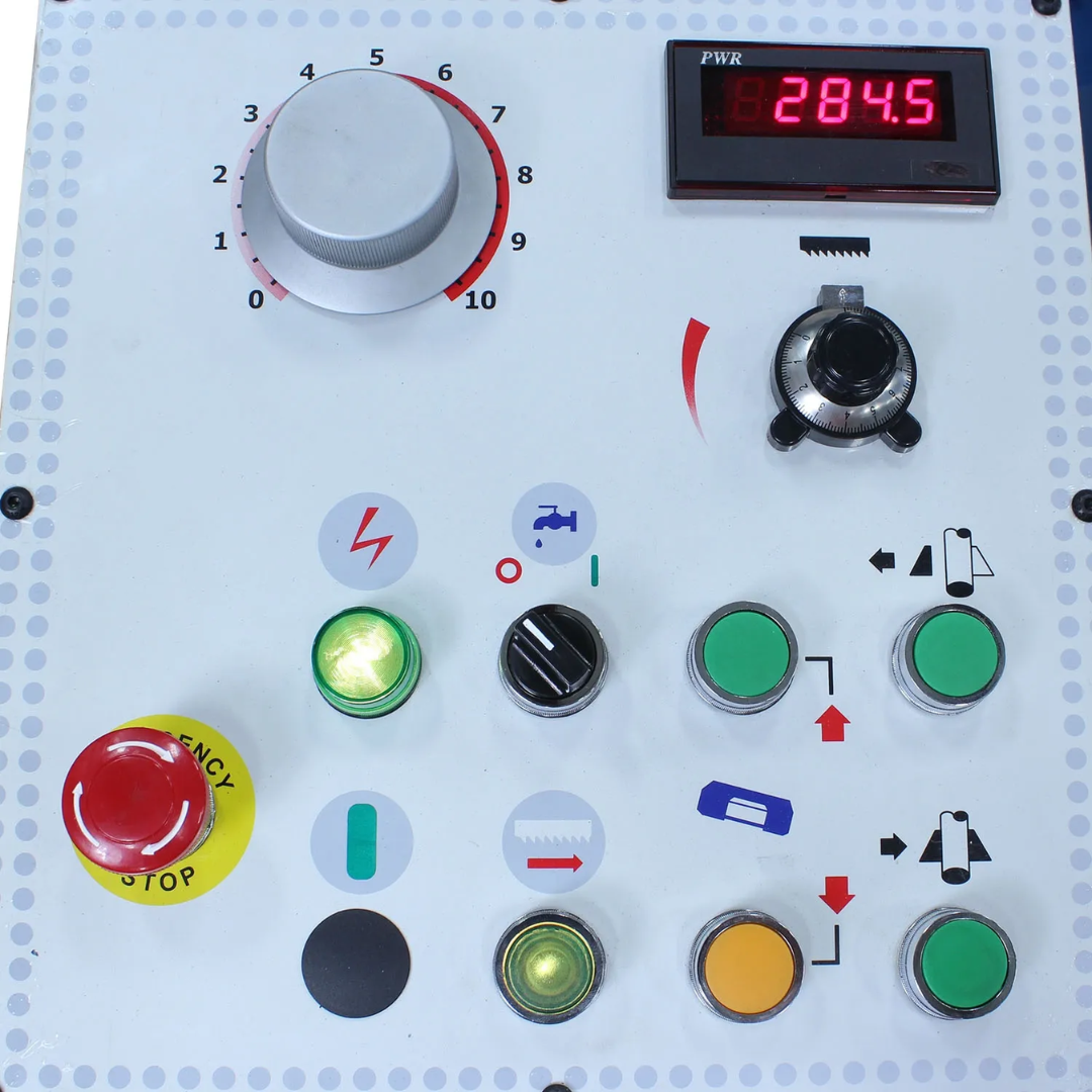 Detailed view of the operator control panel on the Baileigh 13-Inch Dual-Mitering Semi-Automatic Bandsaw (BS-20SA-DM) 1001298 featuring digital controls, emergency stop, speed adjustment, and machine operation buttons.