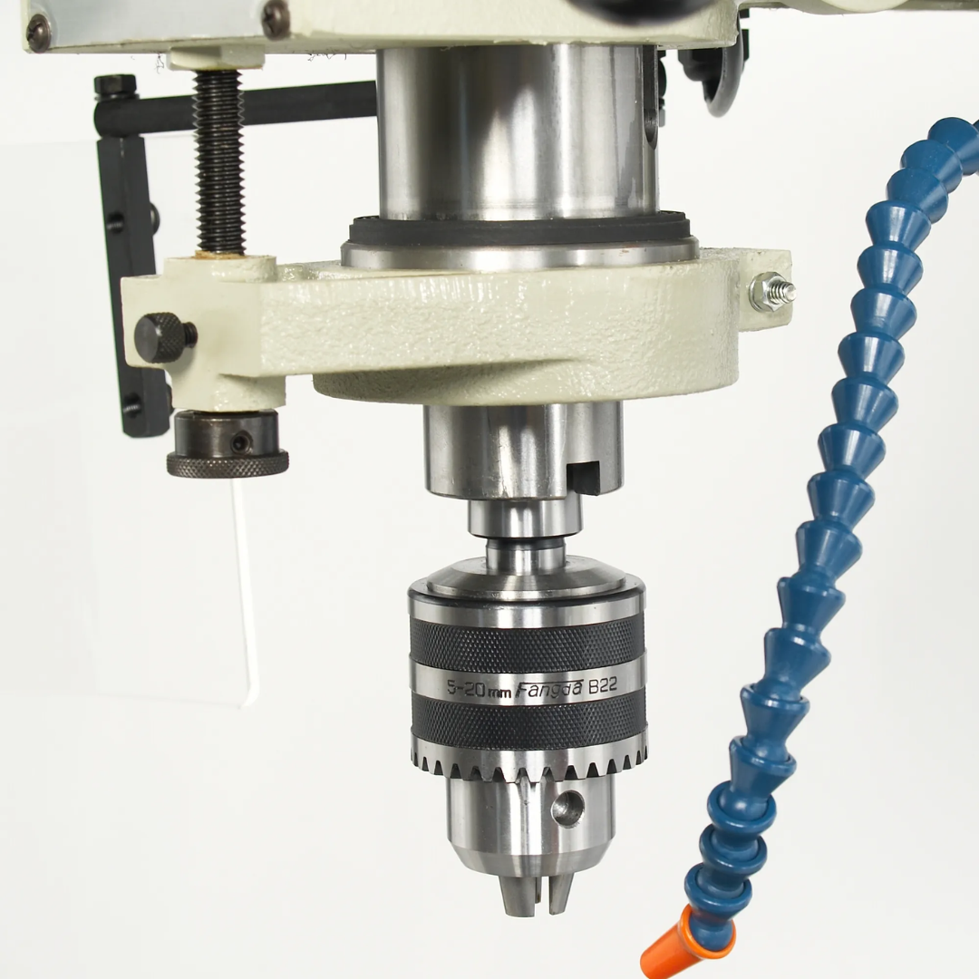 Drilling head and chuck assembly on Baileigh Floor Drill Press: 20" Swing, 2 hp, 110 V, 1 Phase 1227902 designed for precision hole-making in metal fabrication and maintenance applications.