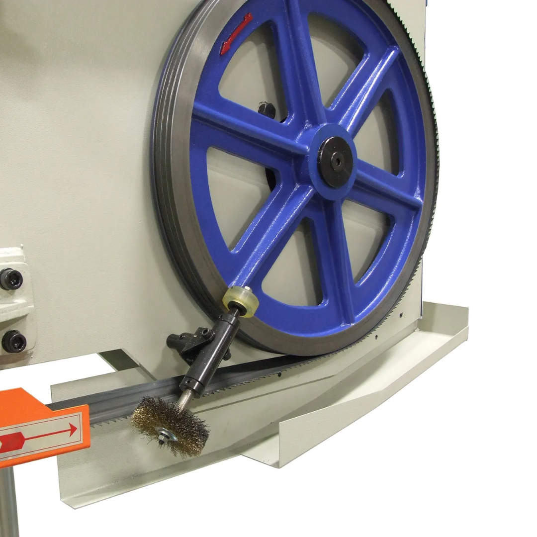 Drive wheel and blade system of Baileigh 14-Inch Semi-Auto Horizontal Bandsaw BS-360SA 1001582 engineered for smooth operation and consistent cutting performance.
