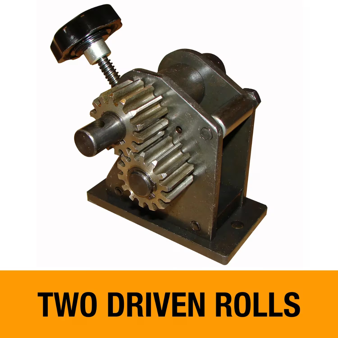 Dual driven roll system on the Baileigh Manual Roll Bender (R-M3) 1006851 engineered for smooth material feeding and accurate radius formation.