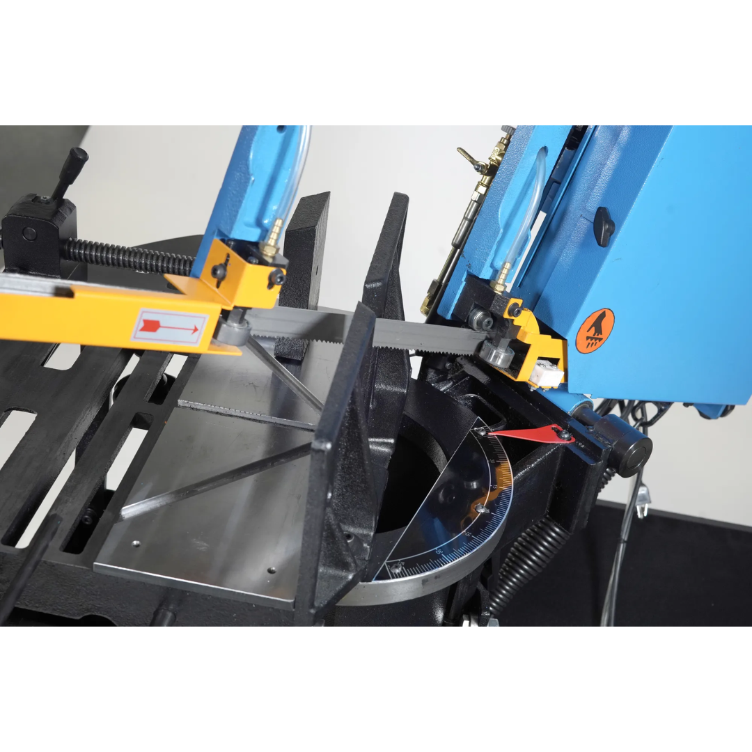 Dual mitering saw head adjustment on the Baileigh Portable EVS Dual Mitering Bandsaw BS-10VS 1232696 for accurate angled cuts.