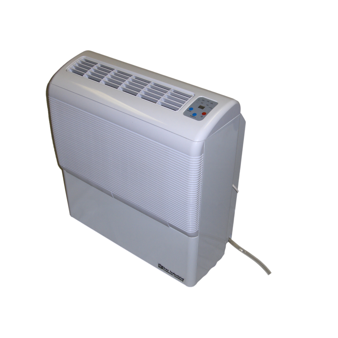 Ebac AD850E Dehumidifier 1028020 side angle view showing slim wall-mount design and integrated air outlet