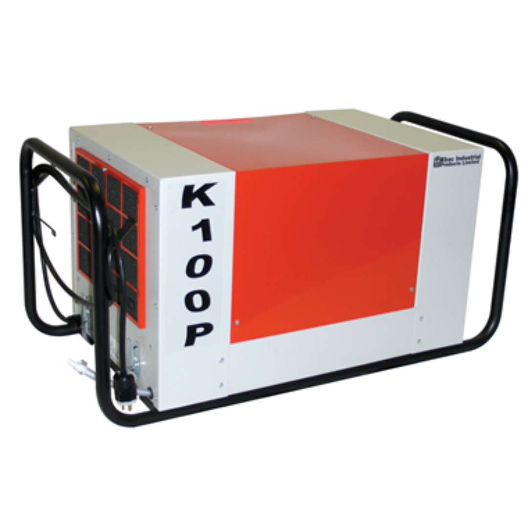 Ebac K100P Dehumidifier 11241HZ-US industrial portable dehumidifier front angle view with protective transport frame and heavy-duty steel housing