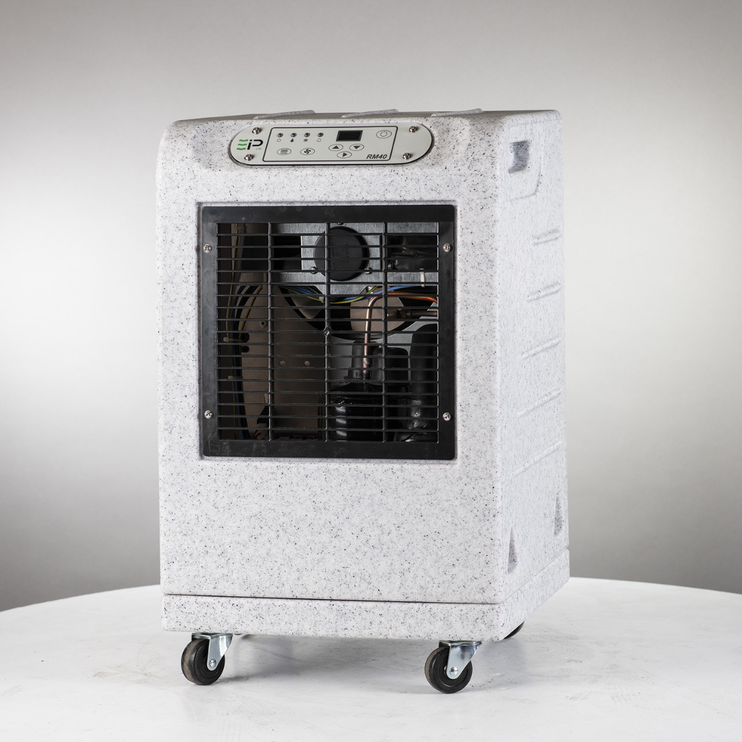 Ebac RM40P Dehumidifier 11186MP-US industrial portable dehumidifier front view with heavy-duty cabinet and caster wheels