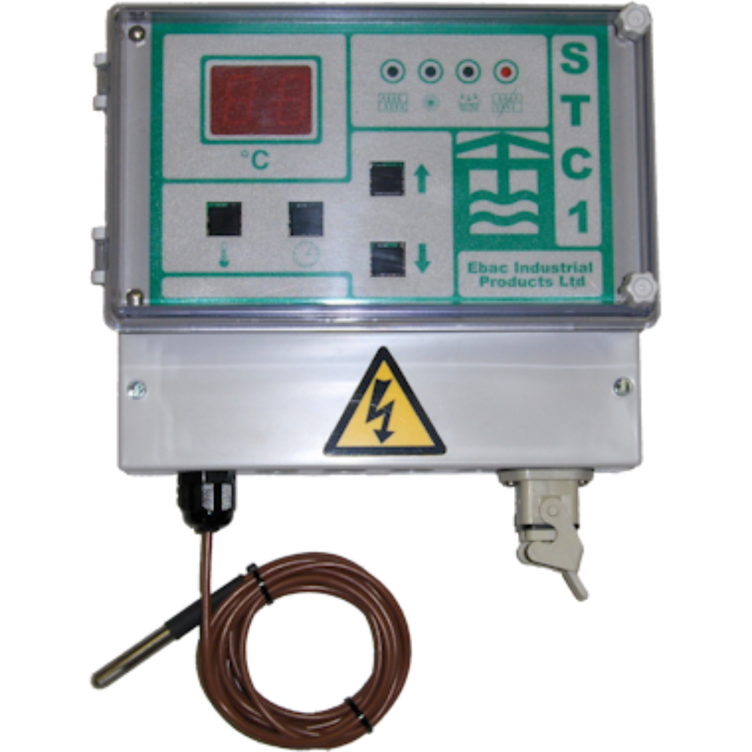 Front control panel of the Ebac STC1 Controller 1352400 showing temperature display, drying cycle controls, and system indicators for lumber drying operation
Temperature probe and cable included with the Ebac STC1 Controller 1352400 designed to monitor drying chamber conditions during kiln drying
Moisture-resistant enclosure of the Ebac STC1 Controller 1352400 designed for reliable control of lumber drying systems in workshop kiln environments