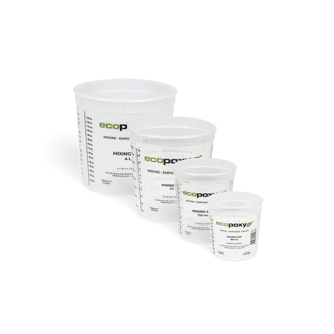 Ecopoxy Graduated Epoxy Mixing Cups set showing multiple cup sizes with clear measurement markings for precise epoxy resin mixing