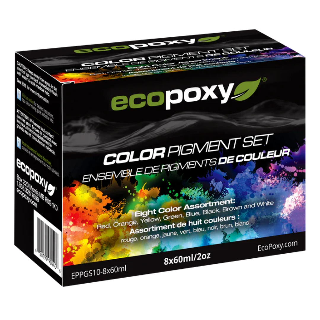 Ecopoxy Liquid Color Pigments Set boxed kit featuring multiple vibrant epoxy pigment colors for custom resin projects.