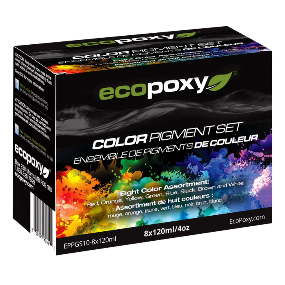 Ecopoxy Liquid Color Pigments Set packaging displaying assorted color options designed for mixing into epoxy resin systems.