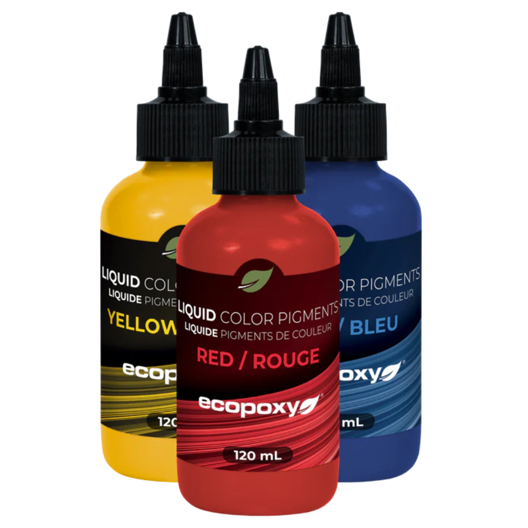 Ecopoxy Liquid Color Pigments multiple bottles set featuring vibrant epoxy pigment colors including red, blue, and yellow for resin projects.