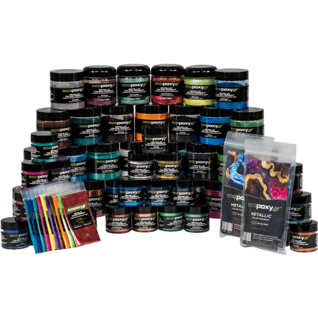 Ecopoxy Metallic Color Pigments full collection set featuring a wide range of shimmering metallic powders for epoxy resin applications.