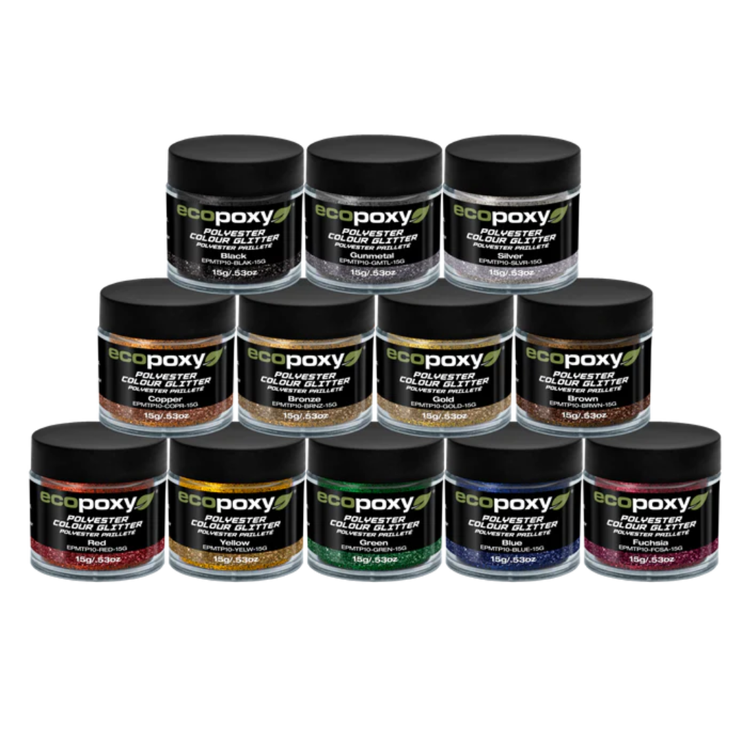 Ecopoxy Polyester Color Glitters collection set featuring multiple jars of vibrant glitter additives for epoxy resin projects