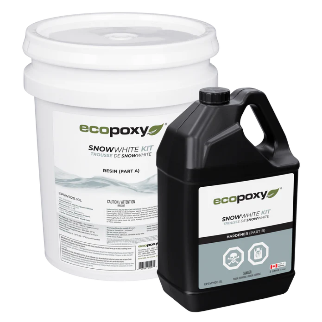 Ecopoxy SnowWhite EPSWK20‐15L white casting epoxy kit with resin bucket and hardener container for woodworking projects.