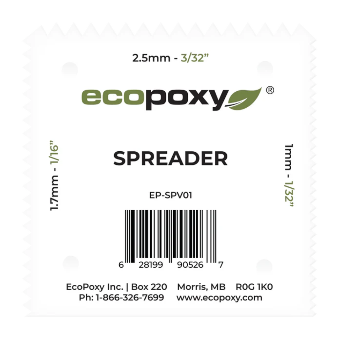 Ecopoxy V-Notched EcoPoxy Spreader (Pack of 36) EP-SPV01-36X packaging label showing product specifications, barcode, and EcoPoxy branding