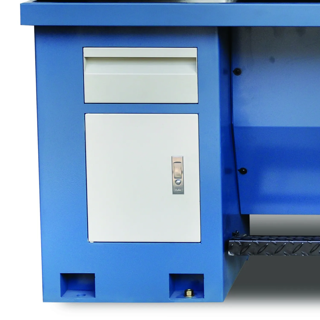 Electrical cabinet access panel on the Baileigh 12"x36" Geared Head Metal Lathe, X/Y-Axis DRO (PL-1236E-DRO) 1016617 designed for industrial operation and maintenance.