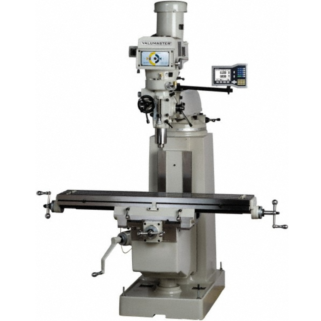 Enco 10 x 54" Knee Milling Machine BDS 10X54 3K with digital readout, precision vertical milling head, large 10 x 54 inch worktable, heavy-duty cast iron knee, and industrial construction for accurate milling, drilling, boring, facing, and metalworking applications.