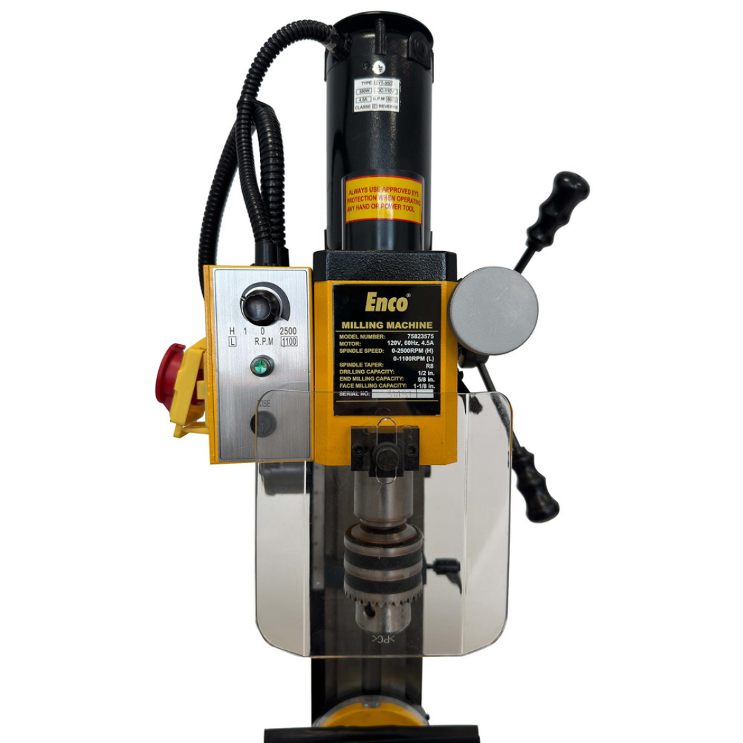 Enco 18" X 5" Compact Milling Drilling Machine, Various Speed, 110V X2 front close-up showing the spindle controls, feed handles, and operator control panel.