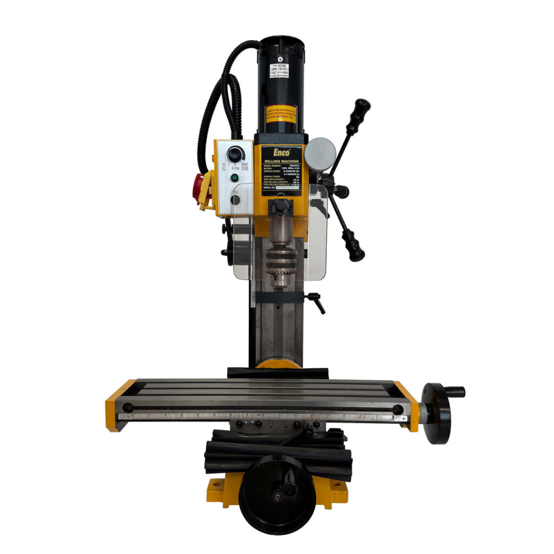 Enco 18" X 5" Compact Milling Drilling Machine, Various Speed, 110V X2 front view showing the compact milling and drilling machine with precision work table, variable speed head, and industrial benchtop design.