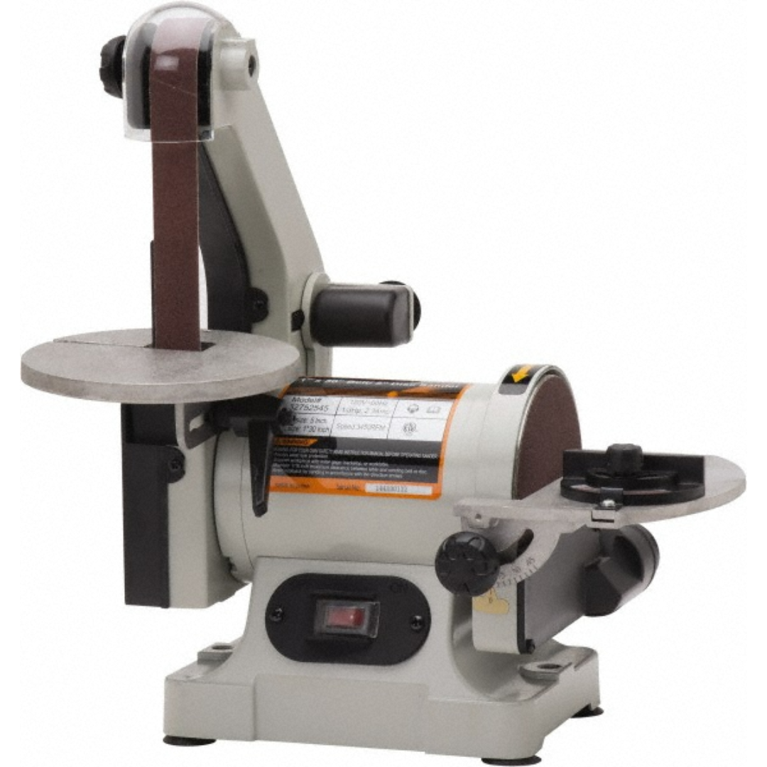 Enco 30" x 1" Vertical Combination Sanding Machine: 5" Disc Dia MM493B front angled view featuring the 1" × 30" vertical belt sander, 5" sanding disc, adjustable work tables, protective belt guard, and compact benchtop design for precision grinding, deburring, sharpening, and finishing applications.