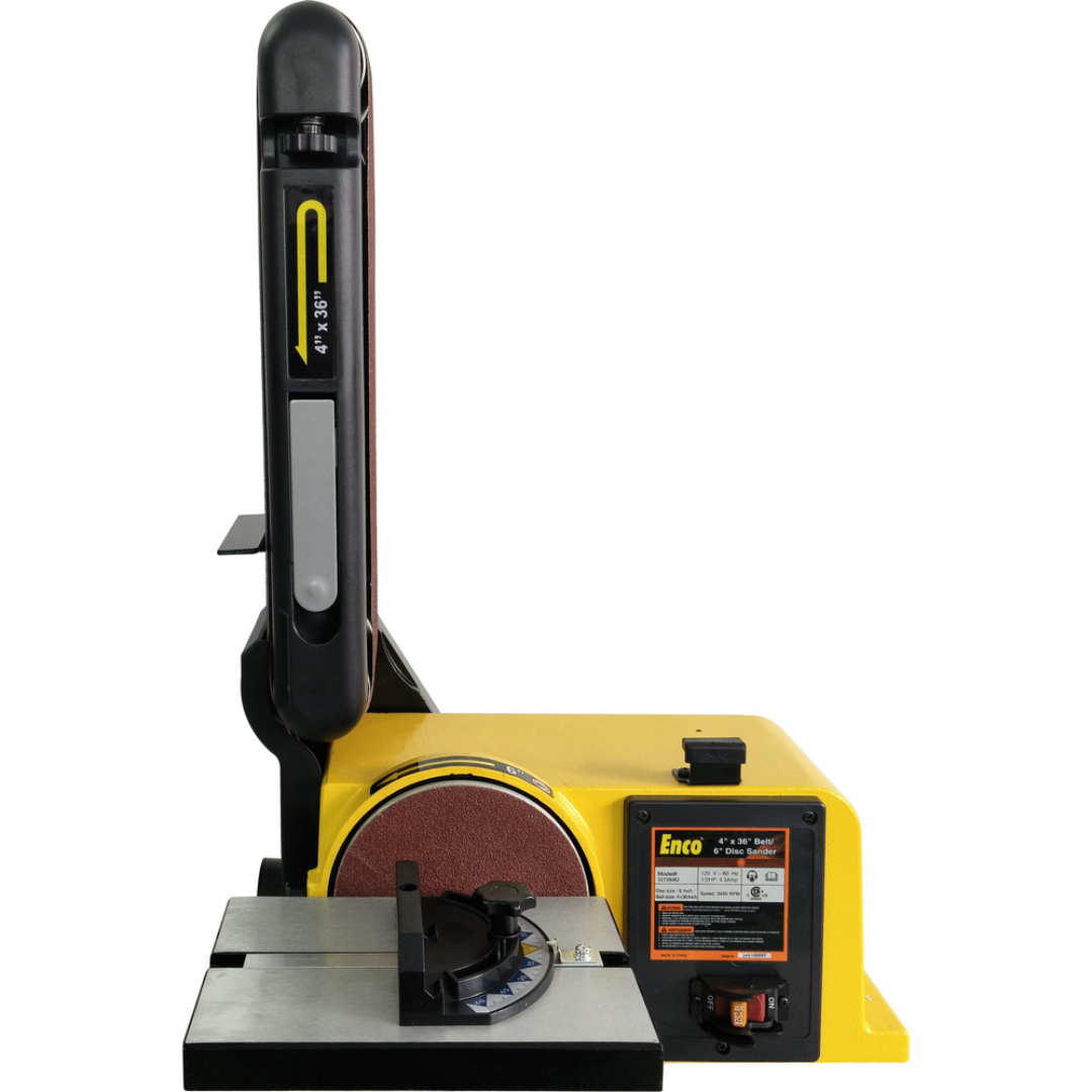 Enco 36" x 4" Horizontal & Vertical Combination Sanding Machine: 6" Disc Dia MM491G vertical belt sanding configuration displaying the adjustable belt position, 6-inch disc, and compact industrial design for versatile sanding operations.