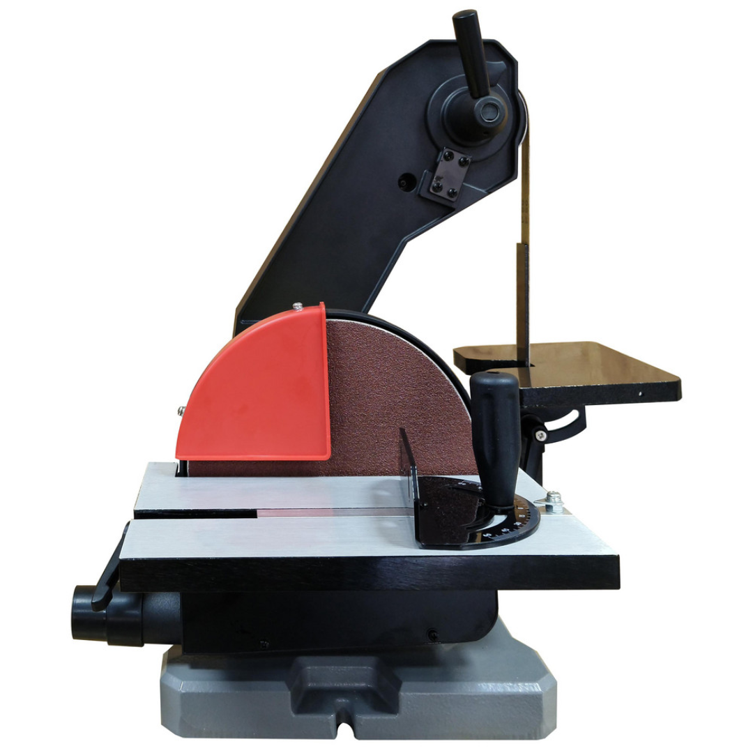 Enco 42" x 1" Vertical Combination Sanding Machine: 8" Disc Dia BD1801 close-up of the power switch and machine controls for convenient operation.