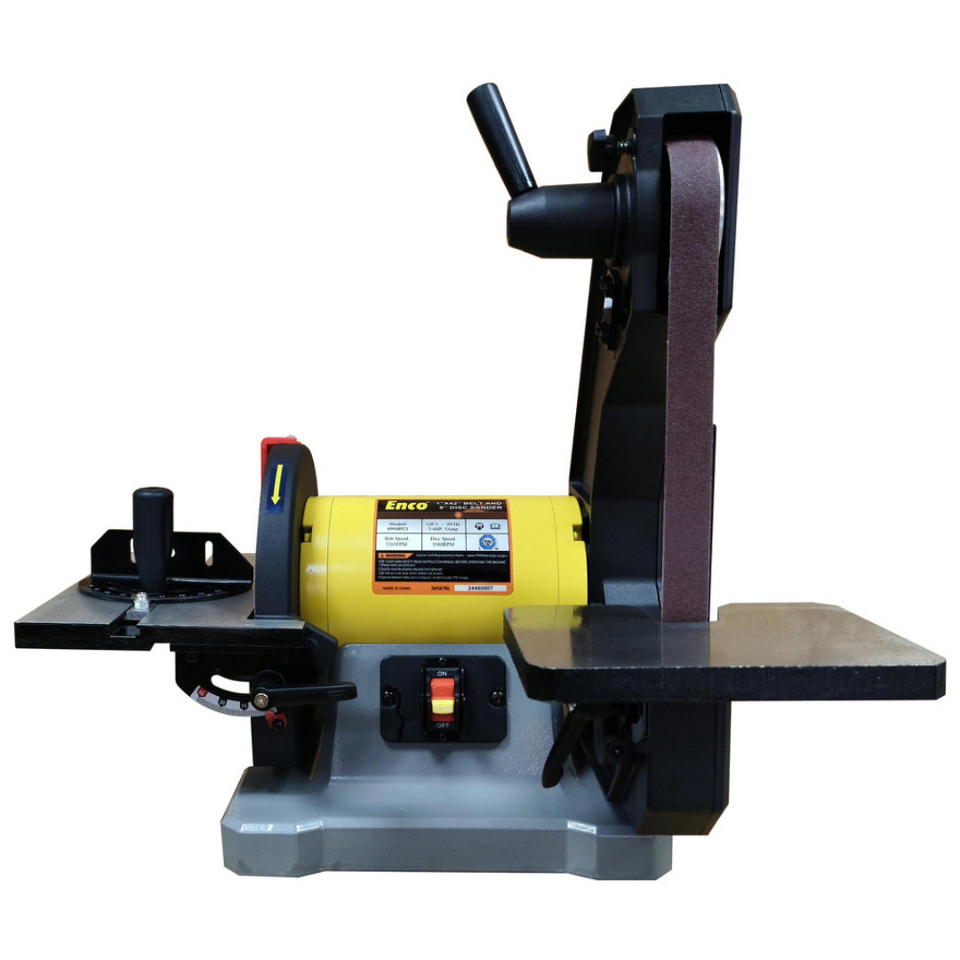 Enco 42" x 1" Vertical Combination Sanding Machine: 8" Disc Dia BD1801 side view showing the belt sanding arm, disc sanding station, adjustable work tables, and stable machine base.