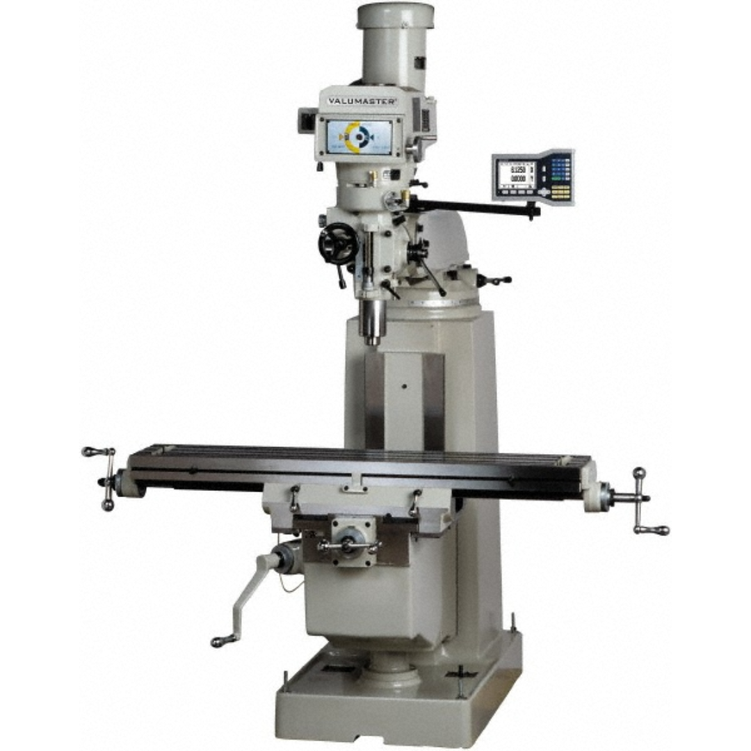 Enco 9 x 49" Knee Milling Machine BDS 9X49 DRO with digital readout, precision vertical milling head, R8 spindle, heavy-duty cast iron knee, 9 x 49 inch worktable, and industrial construction for accurate milling, drilling, boring, and metalworking applications.
