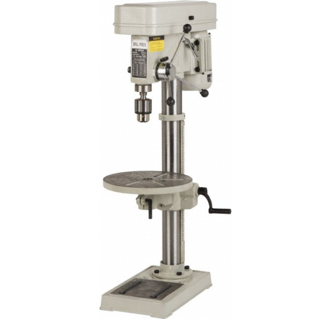 Enco Bench Drill Press: 12.9921" Swing, 3/4 hp, Step Pulley Drive, 115 V, 1 Phase ZJ4116 front angled view featuring the bench-mounted drill press, precision drill chuck, adjustable round work table, step pulley drive, feed handles, and heavy-duty cast iron construction for accurate drilling applications.