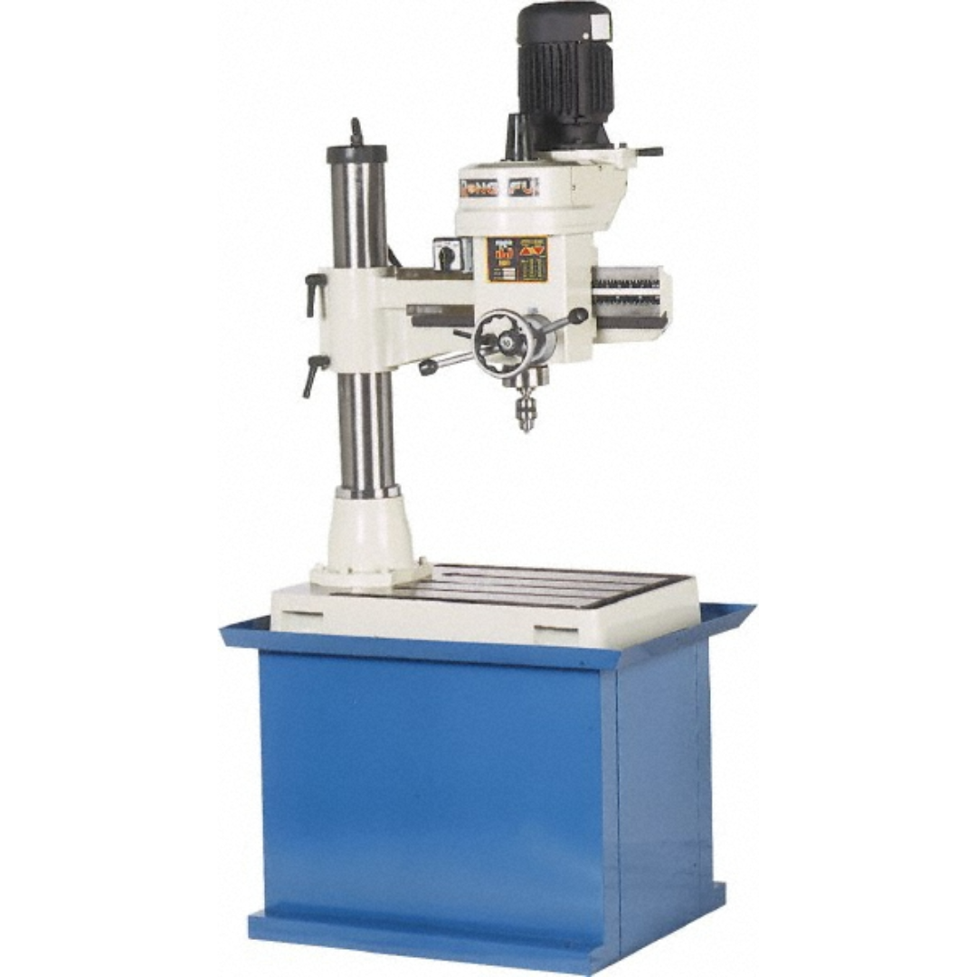 Enco Floor Drill Press: 38-1/2" Swing, 1.5 hp, 220 V, 1 Phase 00624072 front angled view featuring the heavy-duty radial floor drill press with adjustable drilling head, large precision work table, rigid column, industrial pedestal base, and powerful motor designed for drilling large workpieces in fabrication and machine shop applications.