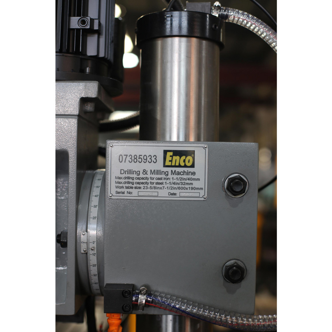 Enco Floor Drill Press: Geared Head, 1-3/5" Swing ZX40H close-up of the geared head transmission housing highlighting heavy-duty industrial construction.