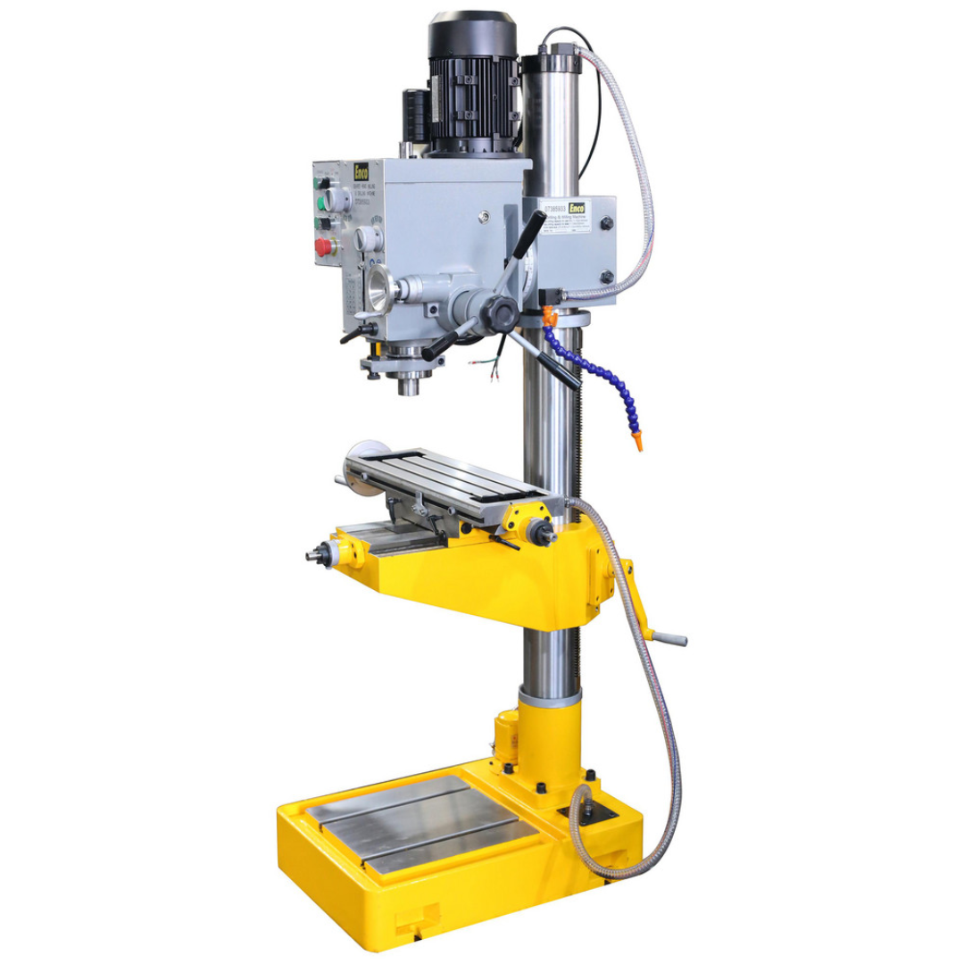 Enco Floor Drill Press: Geared Head, 1-3/5" Swing ZX40H side view highlighting the adjustable work table, geared head design, rigid column, and heavy-duty floor stand.