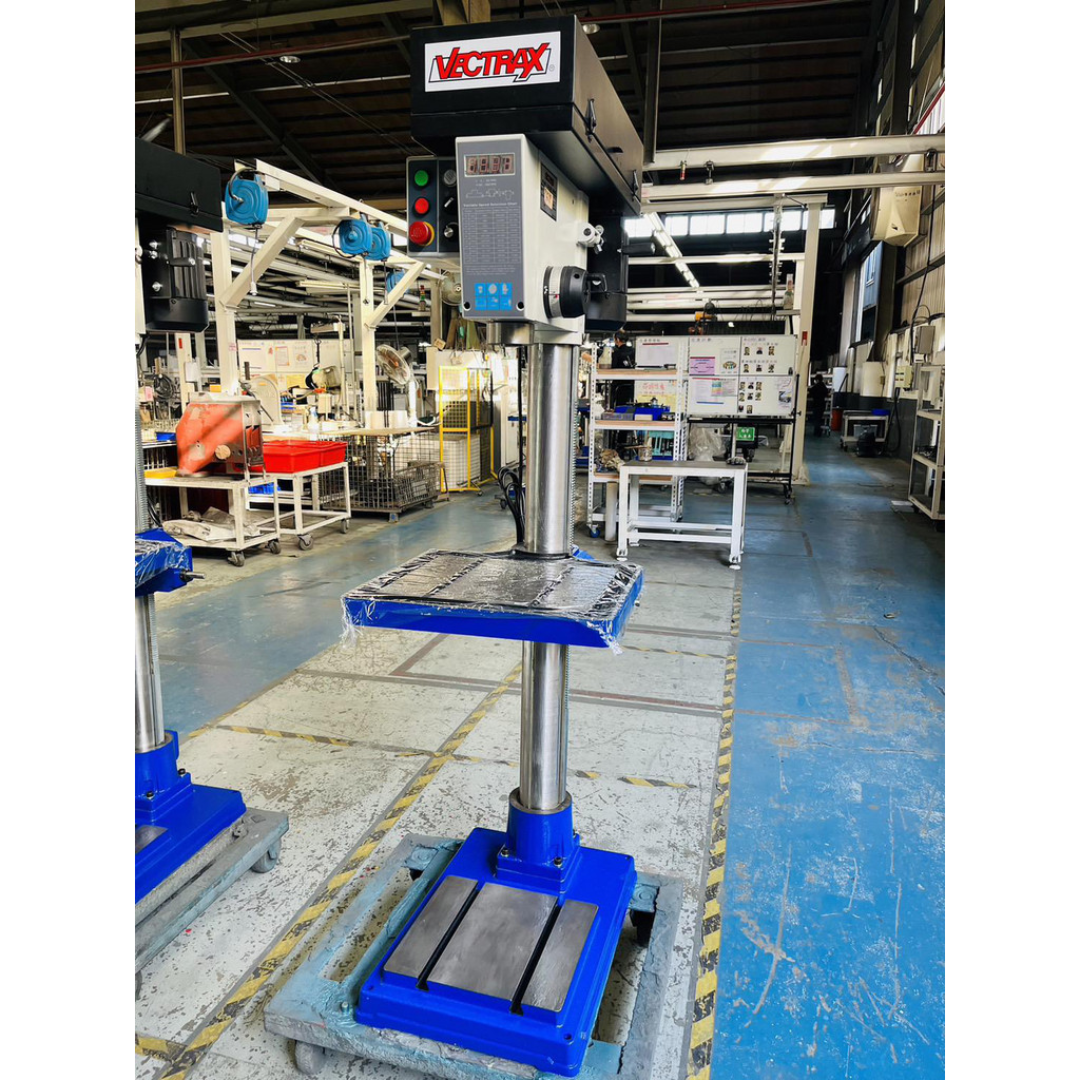 Enco Floor Drill Press RF-19V variable-speed floor drill press with digital speed display, precision spindle, adjustable cast iron worktable, heavy-duty column, and industrial floor-standing construction for accurate metalworking, fabrication, maintenance, and production drilling applications.